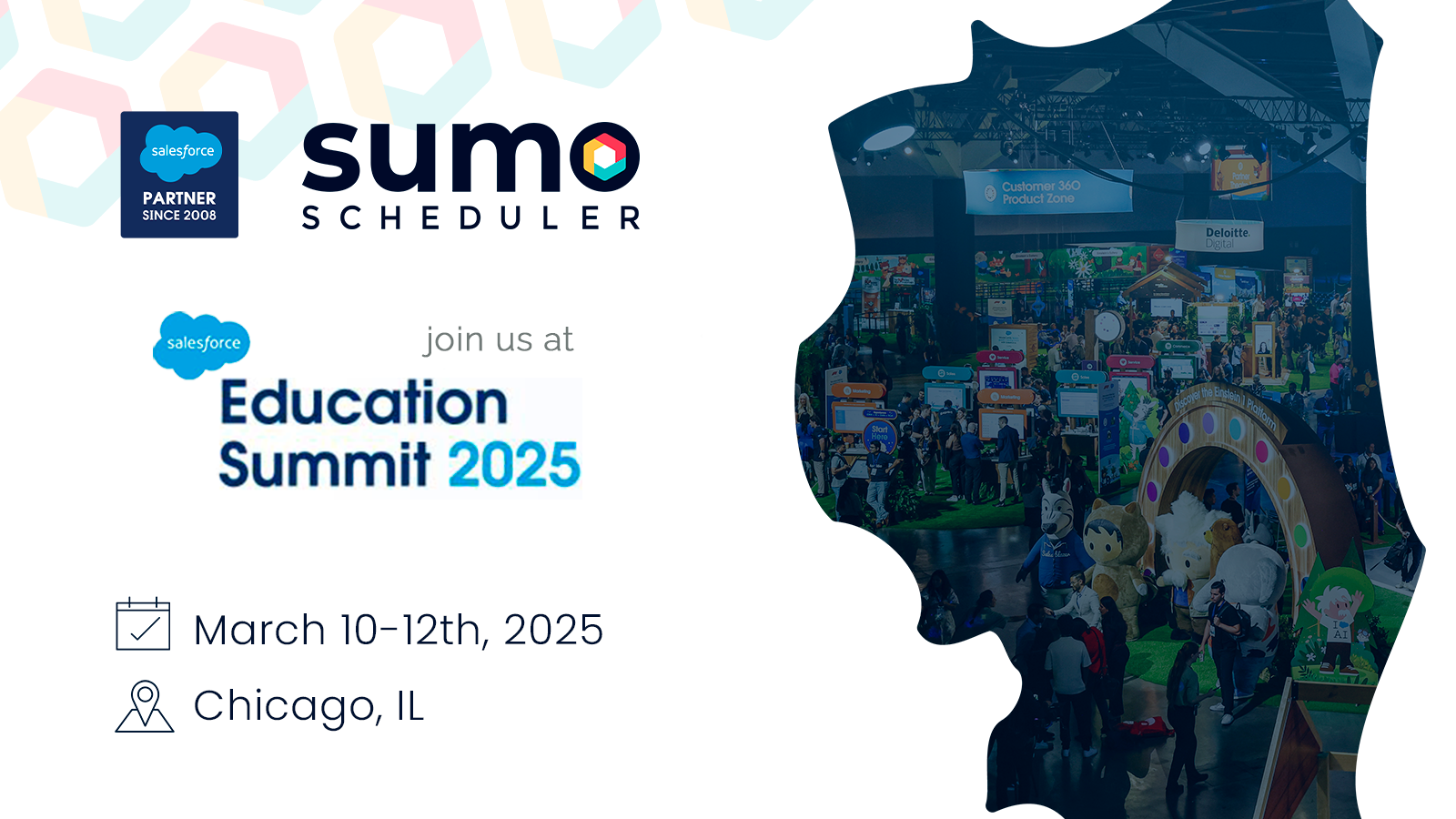 SUMO Scheduler team at Salesforce Education Summit 2025 booth, showcasing AI-powered scheduling solutions for higher education. Attendees interacting with live demos and learning about automation benefits.